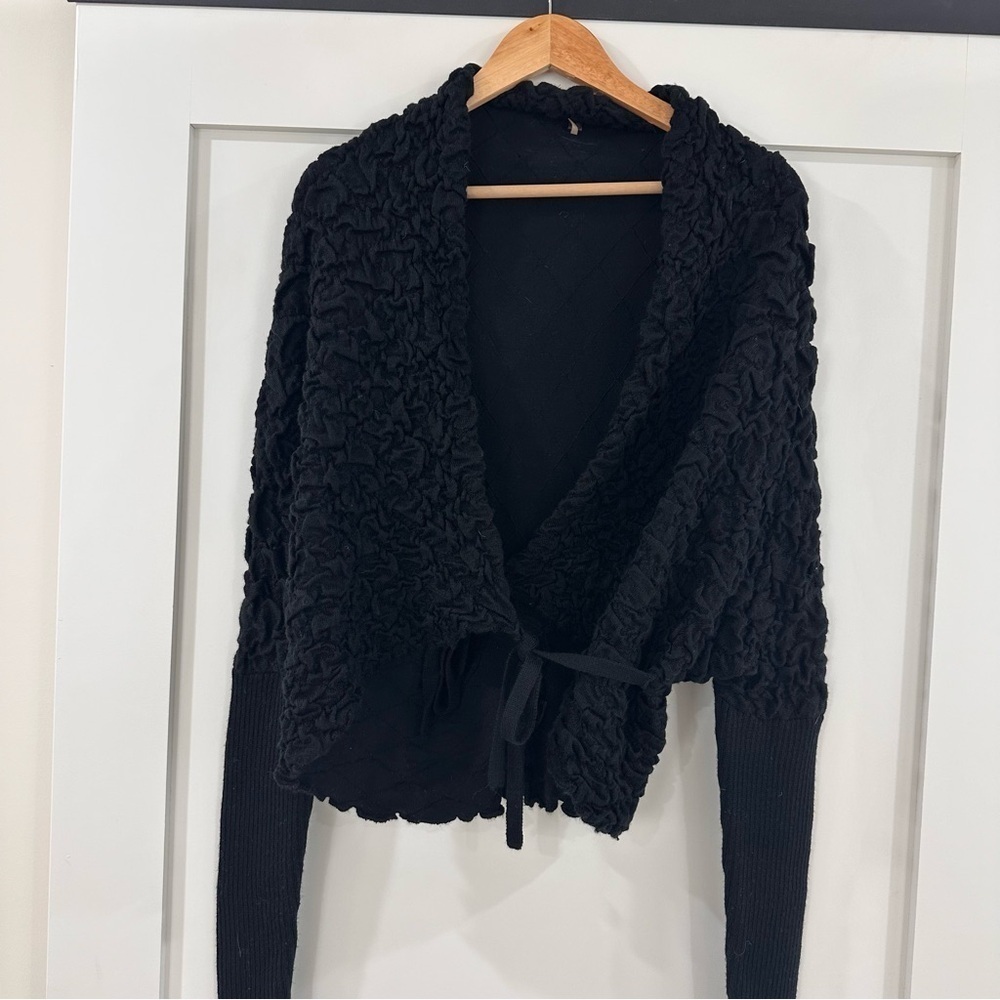 Hale Bob wrap sweater cardigan shrug crinkle tie front wool black XS